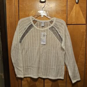 White Knit Sweater with Lace Detail